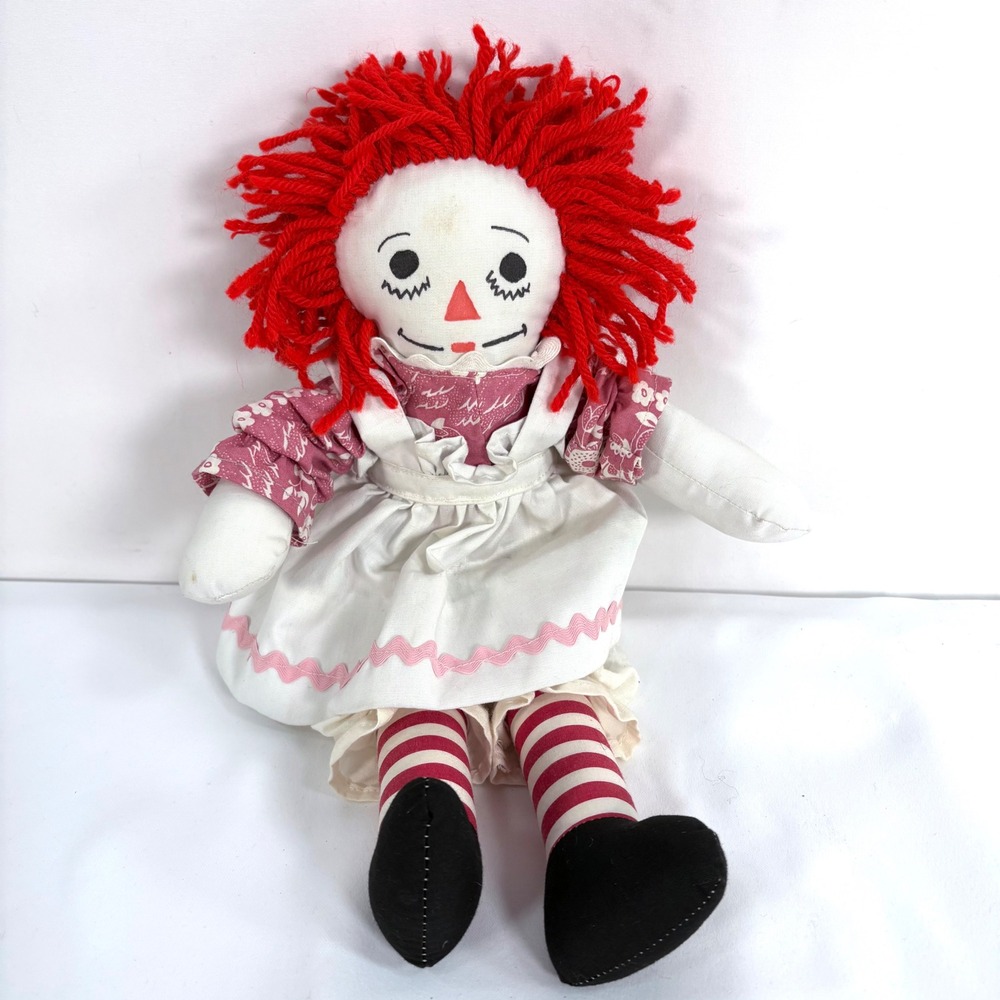 Vintage Raggedy Ann Plush Doll Red Yarn Hair Floral Dress 15.5 Inch